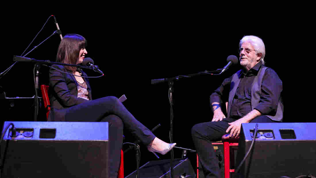 Ask Me Another host Ophira Eisenberg and Michael McDonald at the Lobero Theatre in Santa Barbara, California.
