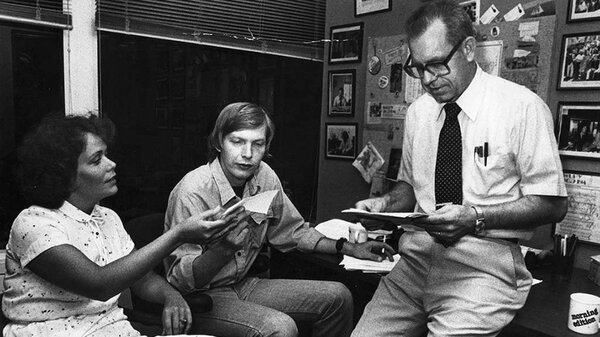 NPR newscasters Jackie Judd (left) and Carl Kasell (right) with Morning Edition host Bob Edwards (center), circa 1979. Judd became a reporter for ABC News and broke the Monica Lewinsky story. Kasell was the show's lead newscaster for 30 years before joining Wait Wait ... Don't Tell Me! full time in 2008.