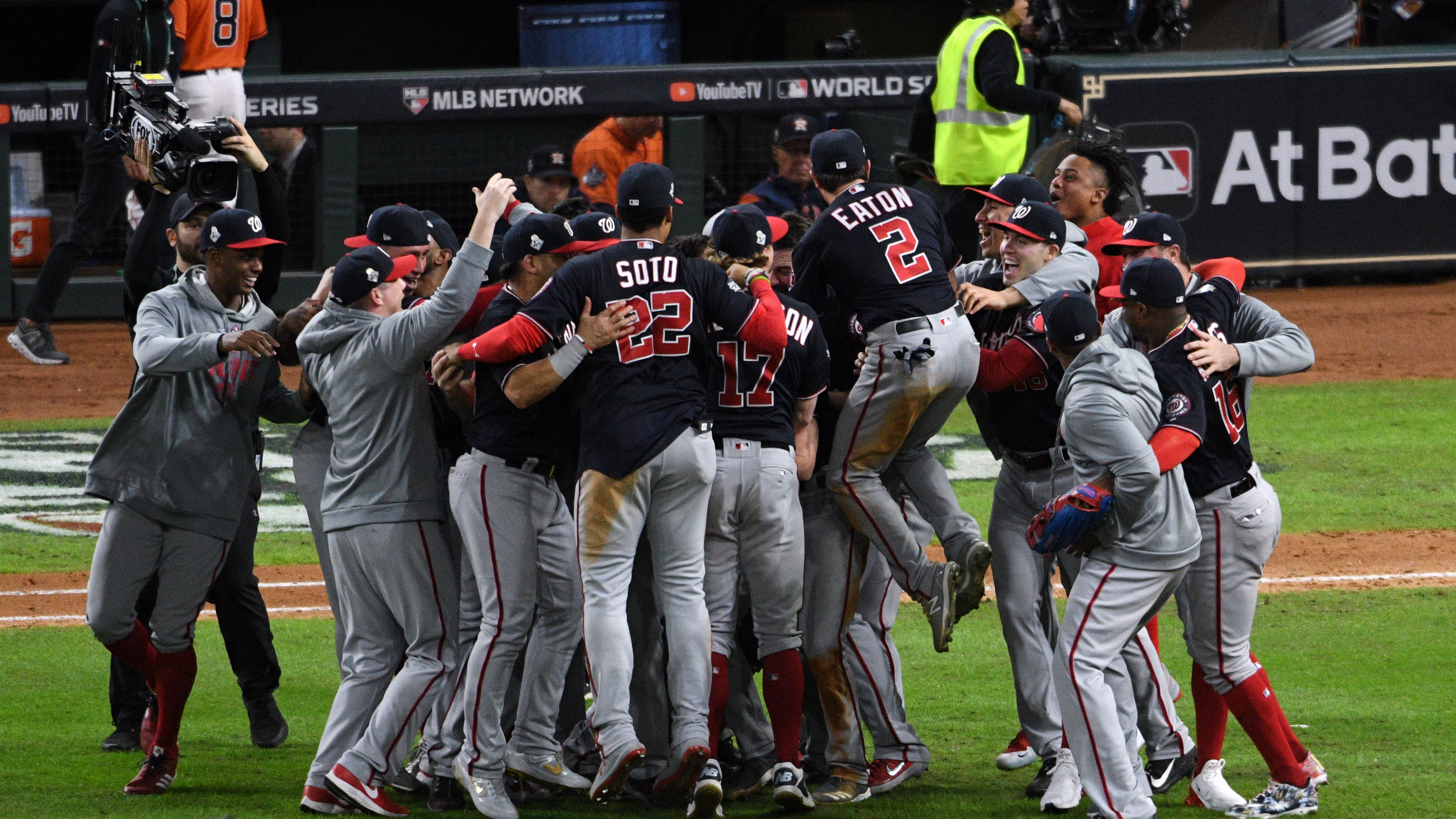 The Washington Nationals celebrate Wednesday after defeating the Houston Astros in Game 7 to win the World Series, at Minute Maid Park in Houston. (MLB Photos via Getty Images)