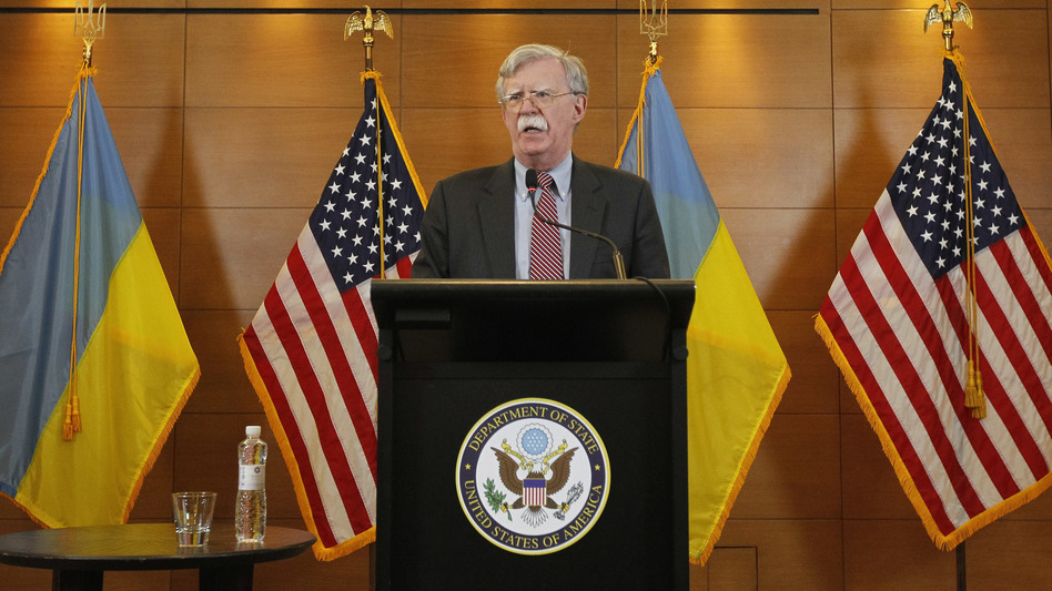 Then-national security adviser John Bolton speaks during a media conference in the Ukrainian capital of Kyiv on Aug. 28, 2018. Bolton, a lifelong Russia hawk, has been described as objecting to Trump's Ukraine policy: Holding up military assistance intended to help Ukraine resist Russian military activity was antithetical to Bolton's worldview. (Pavlo Gonchar/SOPA Images/LightRocket via Getty Images)