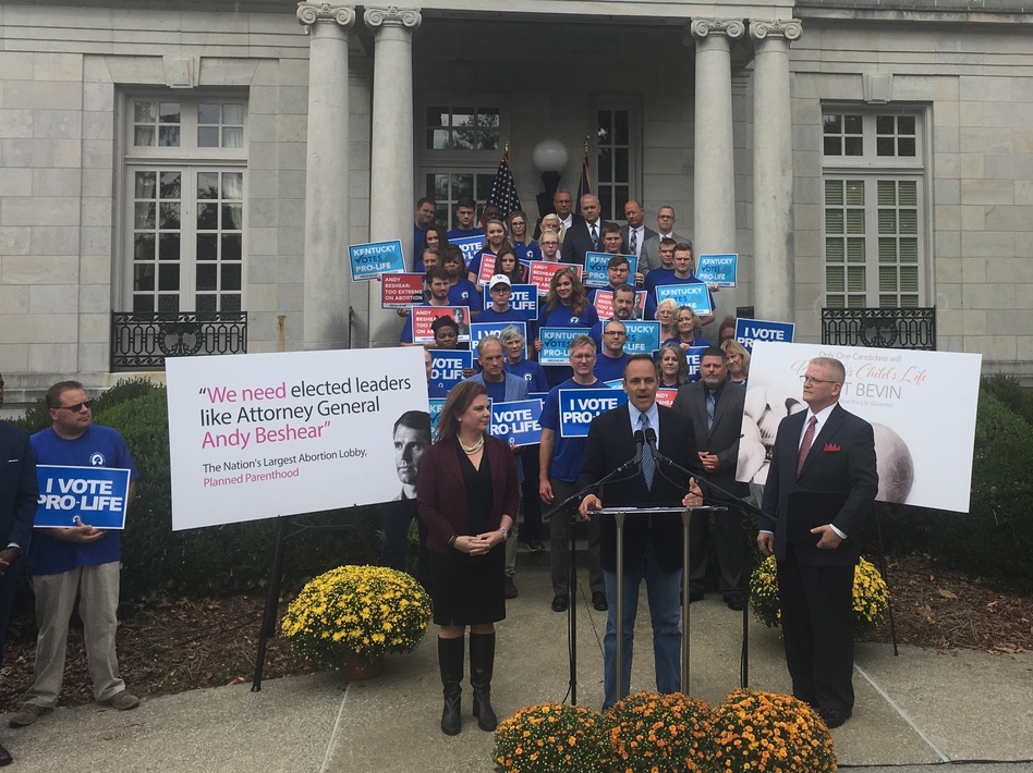 Republican Gov. Matt Bevin campaigns outside the governor's mansion in Frankfort, Ky., with anti-abortion-rights activists. Bevin has been a consistent and vocal opponent of abortion rights in Kentucky. (Sarah McCammon/NPR)