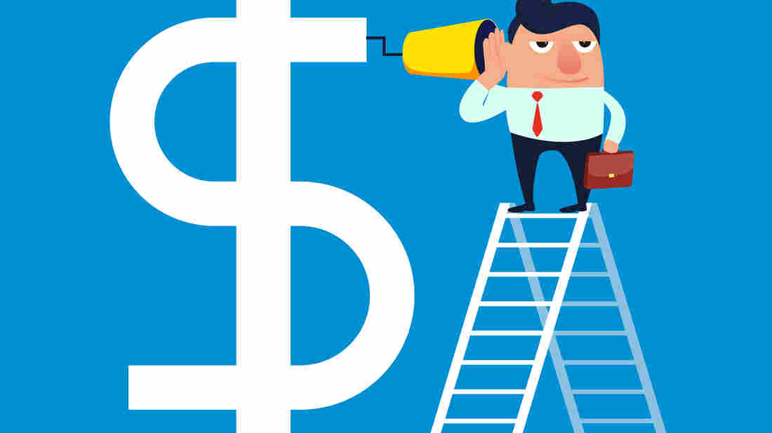 Businessman climbs high with a ladder to communicate with the dollar