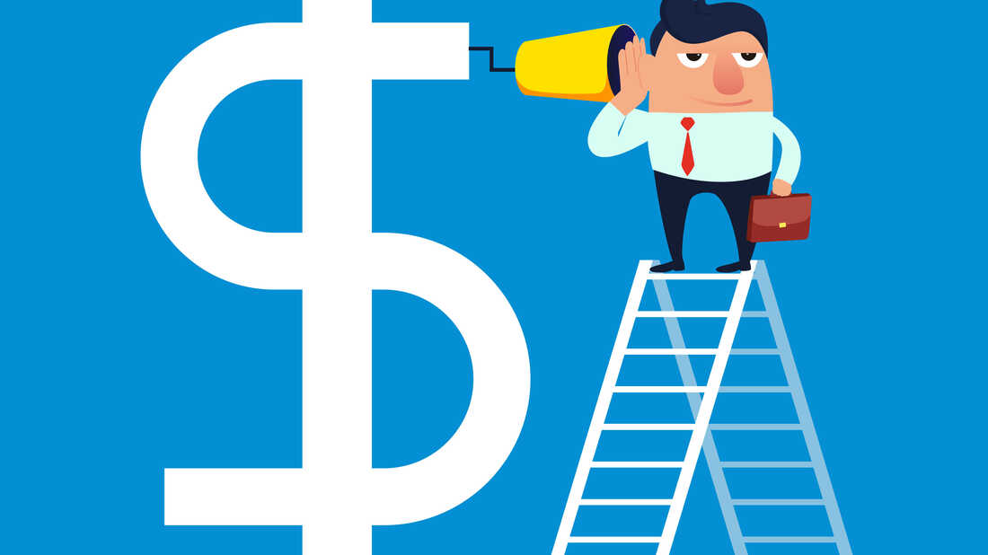 Businessman climbs high with a ladder to communicate with the dollar