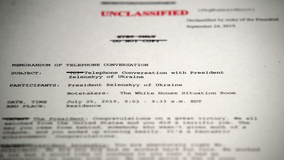 The first page of the unclassified memorandum of President Trump's phone call with Ukrainian President Volodymyr Zelenskiy on July 25. (Alex Wong/Getty Images)
