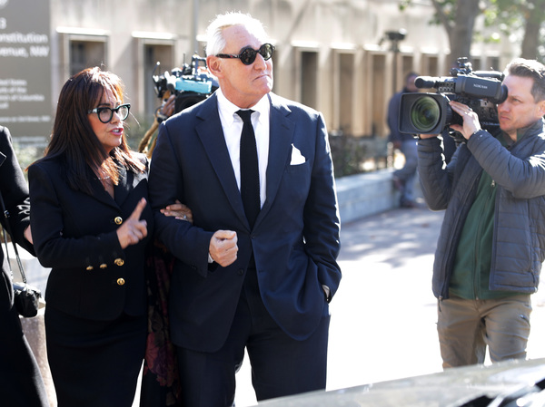 Roger Stone, a former adviser to President Trump, departs a Washington, D.C., courthouse with his wife on Monday. Stone faces charges that he allegedly lied to Congress and obstructed an official proceeding. Stone has pleaded not guilty, and his trial is set to begin Tuesday.