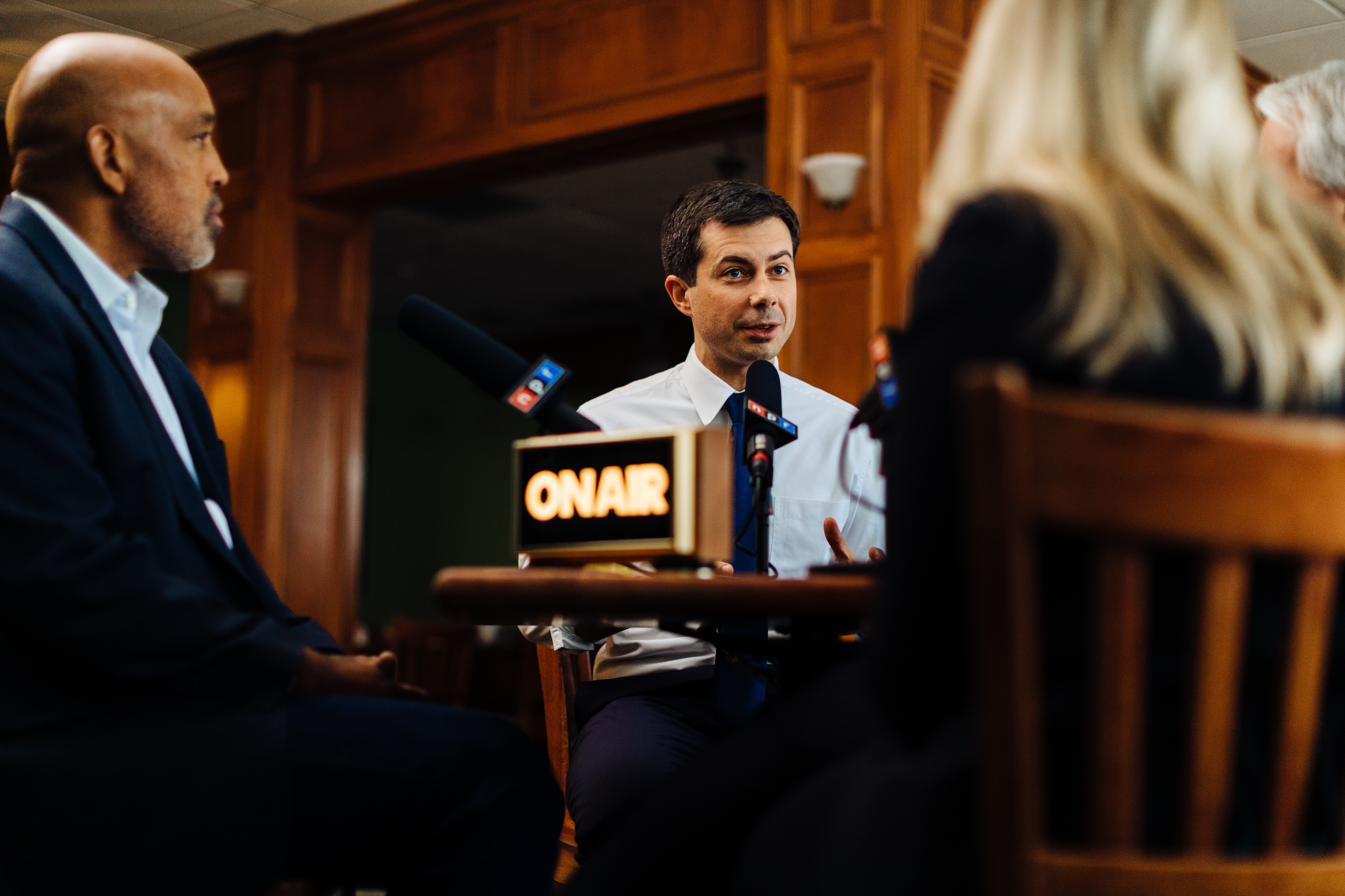 Mayor Pete Buttigieg is interviewed at Pegg's Diner in South Bend, Indiana. (Lucy Hewett for NPR)