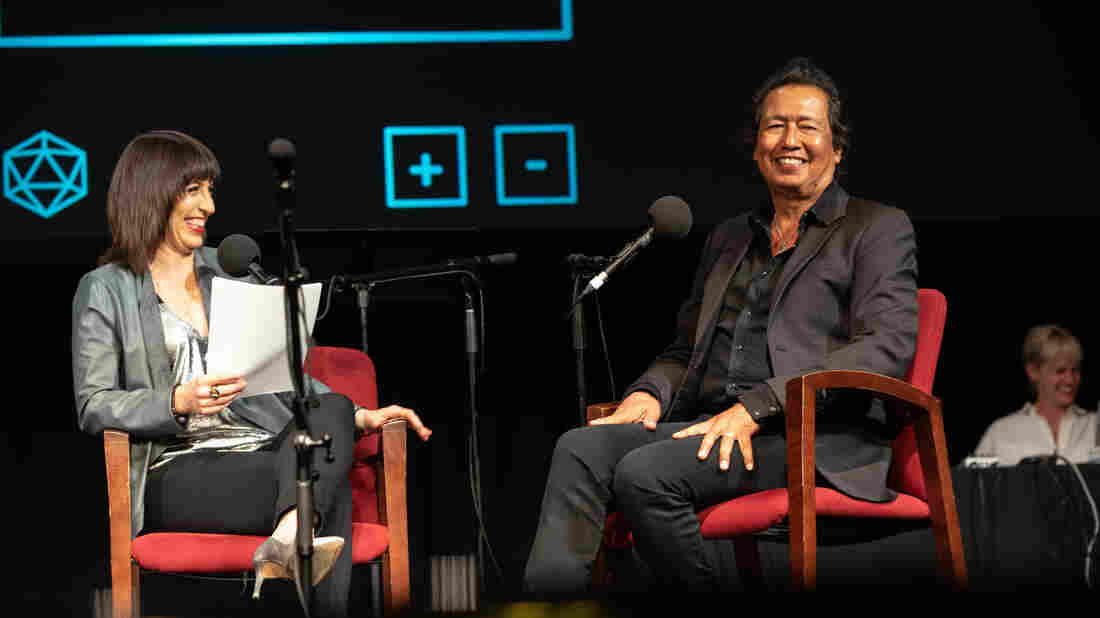 Ask Me Another host Ophira Eisenberg and musician Alejandro Escovedo at the Majestic Theatre in Dallas, Texas.