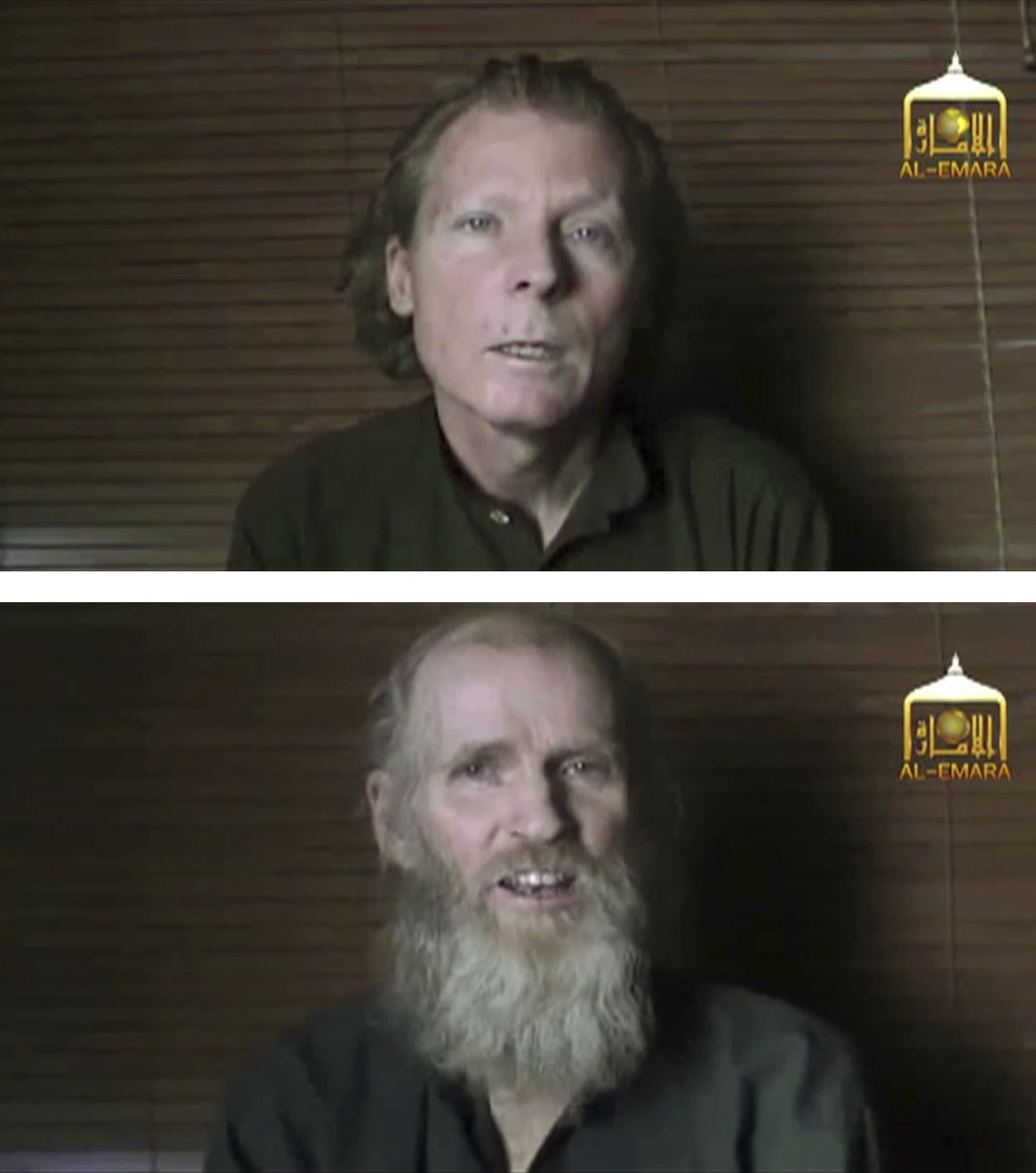 Australian Timothy Weeks, top, and American Kevin King were abducted by insurgents in Kabul in August 2016. They are seen here in video stills released by the Taliban in June 2017.
