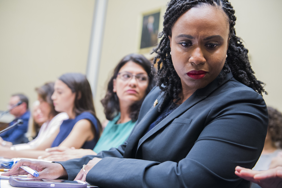 Democrats on the House Committee on Oversight and Government Reform are examining how states regulate abortion clinics. From right are Reps. Ayanna Pressley, D-Mass., Rashida Tlaib, D-Mich., and Alexandria Ocasio-Cortez, D-N.Y. (Tom Williams/CQ-Roll Call Inc via Getty Images)