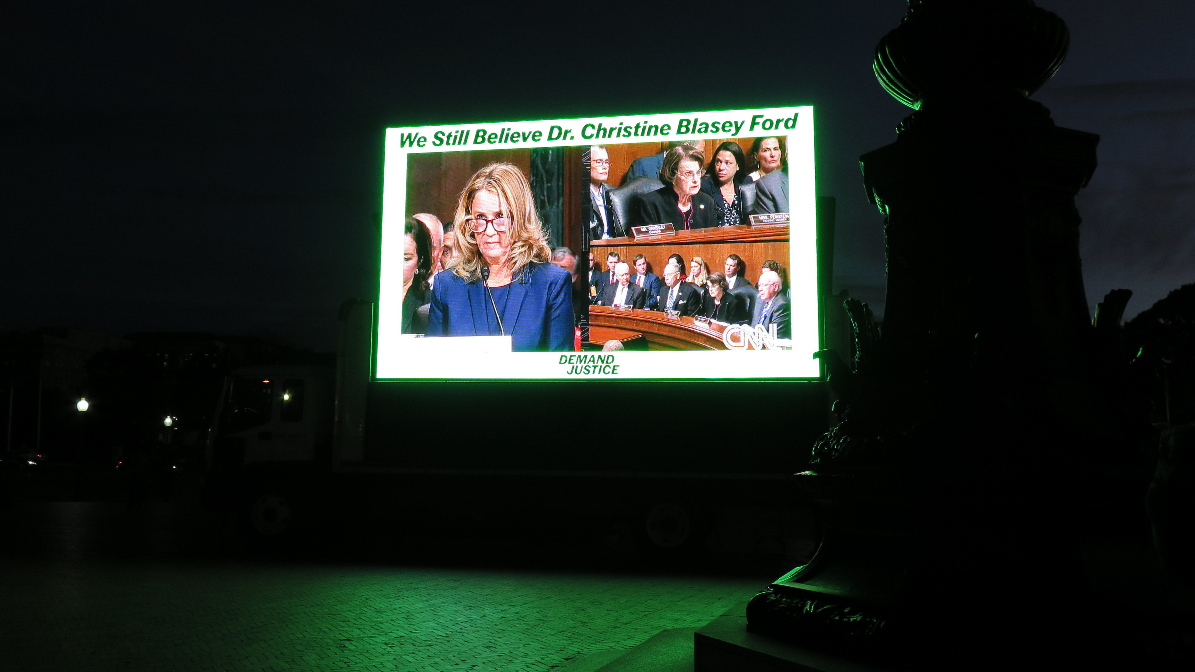 Christine Blasey Ford's testimony played on an 18-minute loop outside an appearance by Supreme Court Justice Brett Kavanaugh on Thursday.