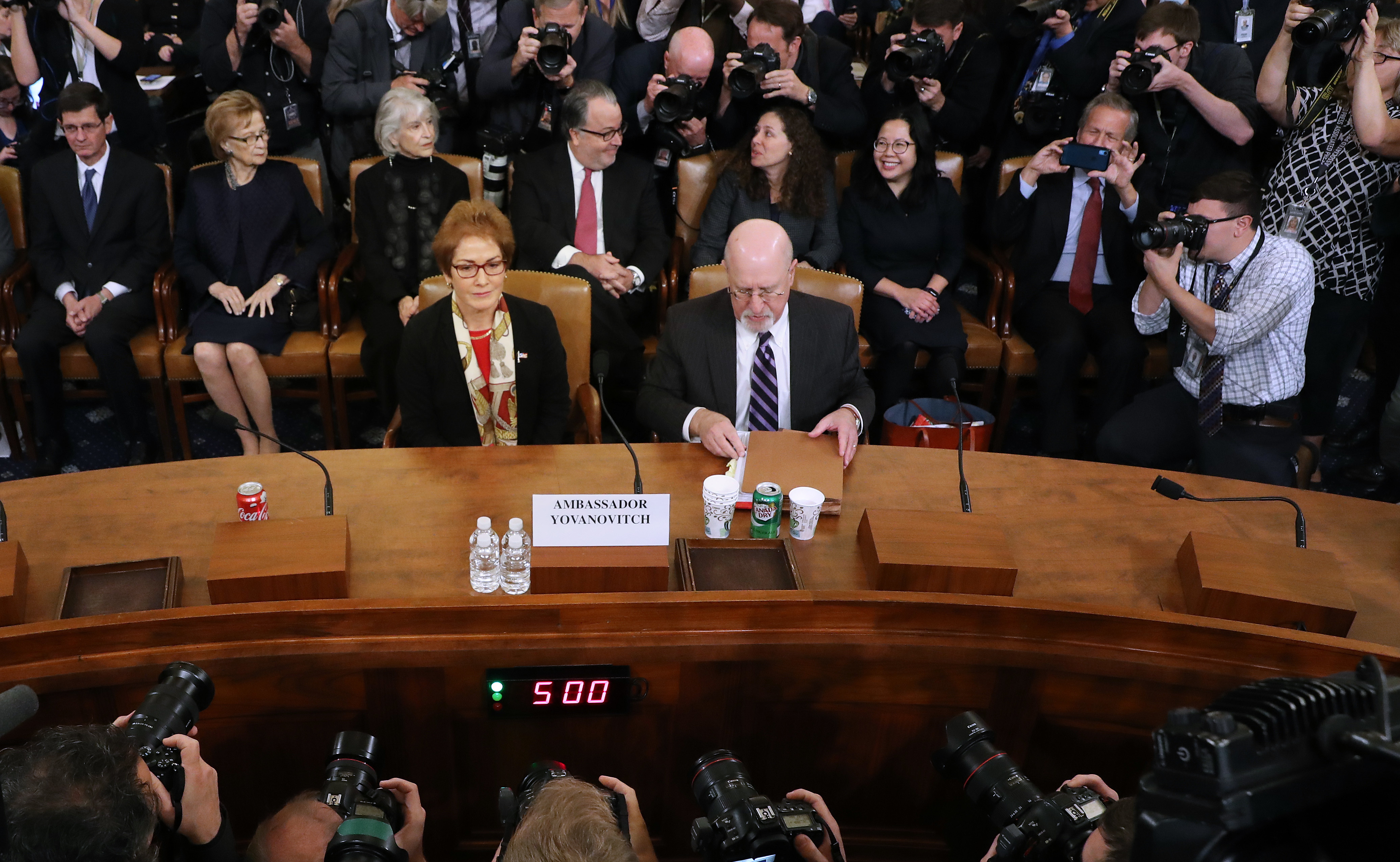 Former U.S. Ambassador to Ukraine Marie Yovanovitch sits next to her attorney, Larry Robbins, before testifying to the House Intelligence Committee on Capitol Hill on Friday. (Getty Images)
