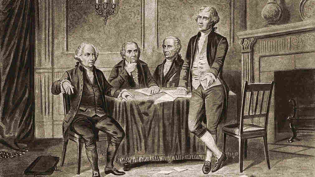 Illustration of four of the United States' Founding Fathers: John Adams, Robert Morris, Alexander Hamilton and Thomas Jefferson.