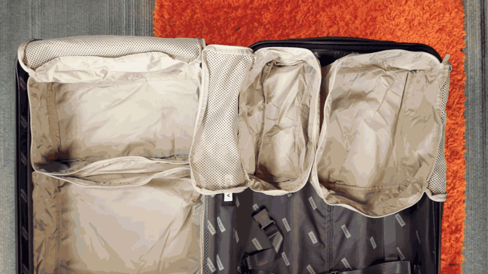 A suitcase filled with packing cubes and neatly folded clothes and shoes.