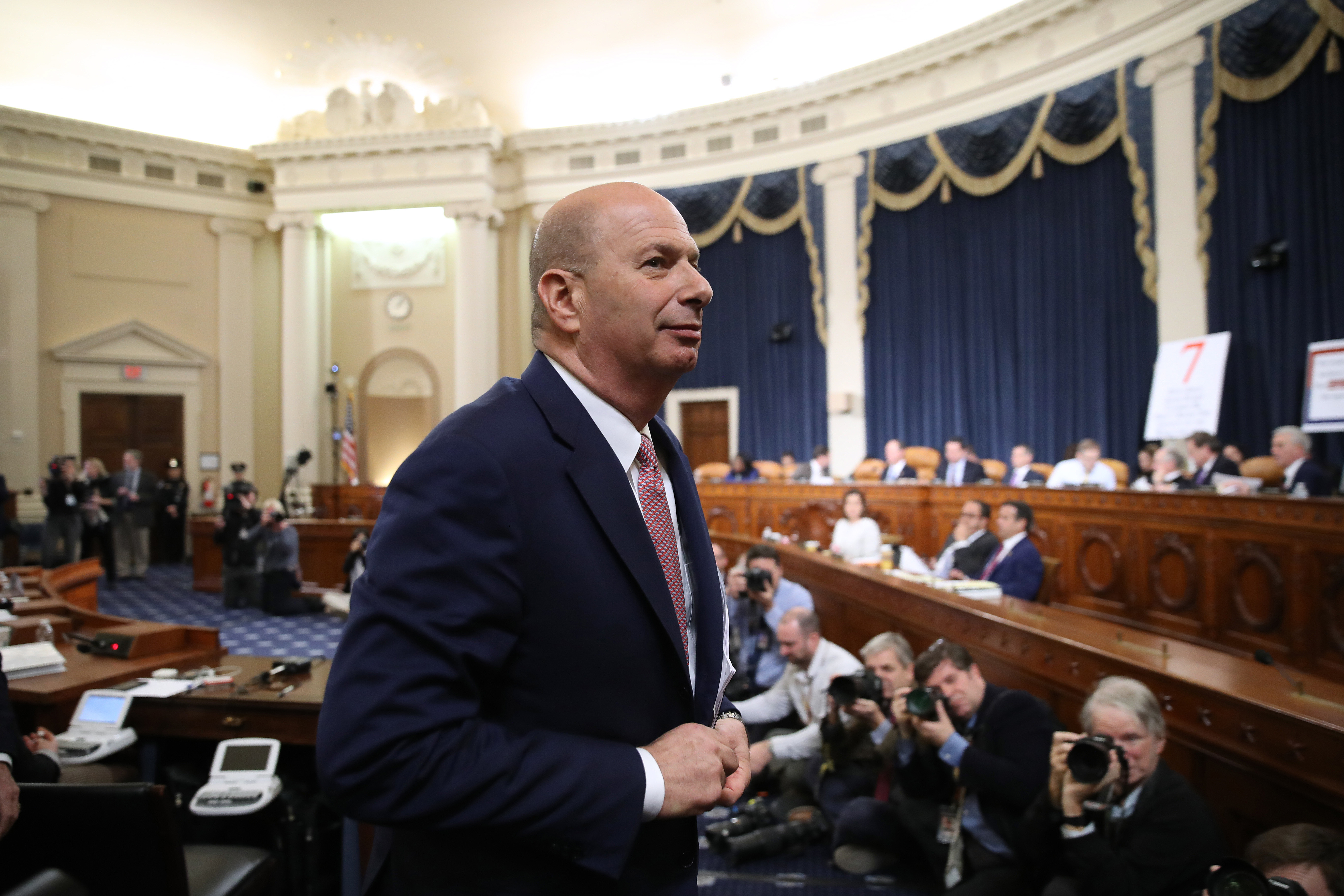 Gordon Sondland, the U.S ambassador to the European Union, departs for a short break while testifying before the House Intelligence Committee in the Longworth House Office Building on Capitol Hill on Wednesday. (Getty Images)