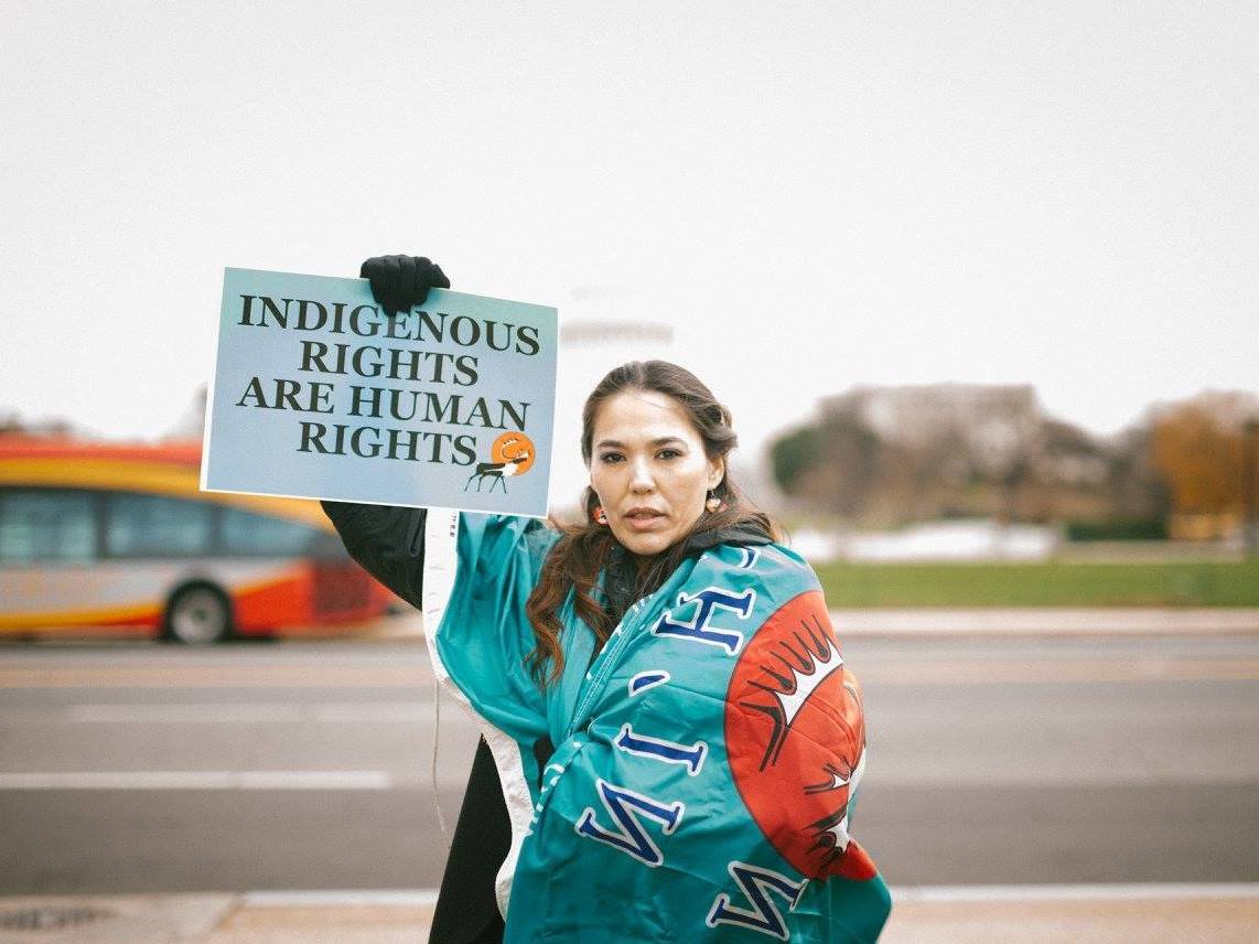 Bernadette Demientieff of the Gwich'in Steering Committee participates in a December 2017 event in Washington, D.C., at which advocates pushed Congress to protect the Arctic National Wildlife Refuge from oil development. (Courtesy of Dylan McLaughlin)