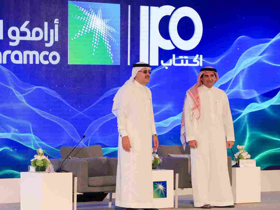 President and CEO of Saudi Aramco Amin Nasser (L) and Aramco's chairman Yasir al-Rumayyan attend a press conference in the eastern Saudi Arabian region of Dhahran on November 3, 2019.
