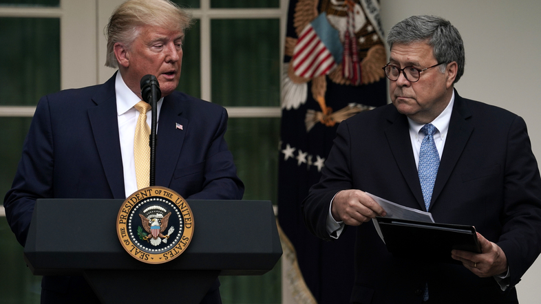 President Trump and U.S. Attorney General William Barr announce the Trump administration's decision to back down from its push for a citizenship question in the White House Rose Garden in July. (Alex Wong/Getty Images)