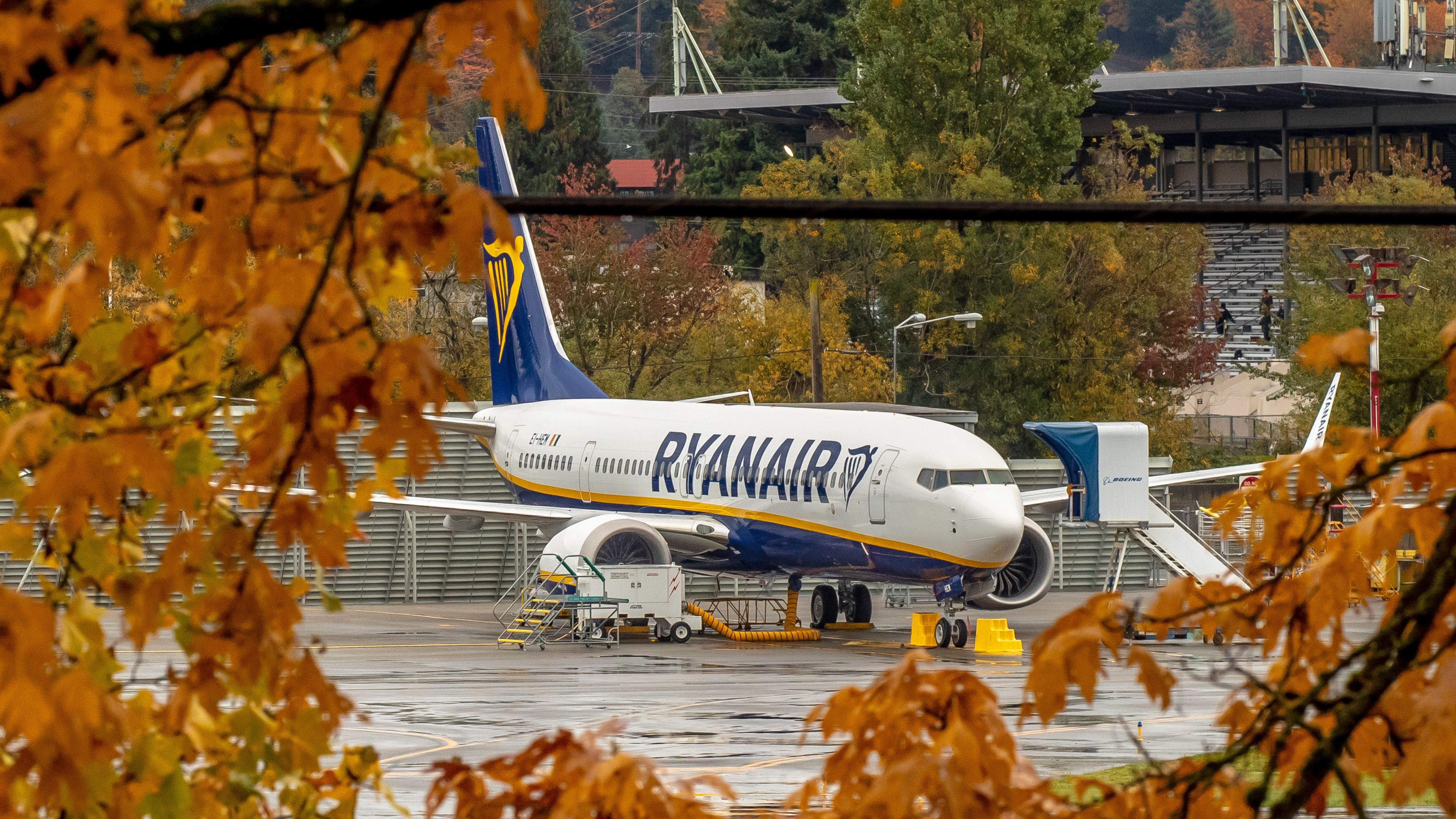 A Boeing 737 MAX aircraft owned by Ryanair parked at Boeing