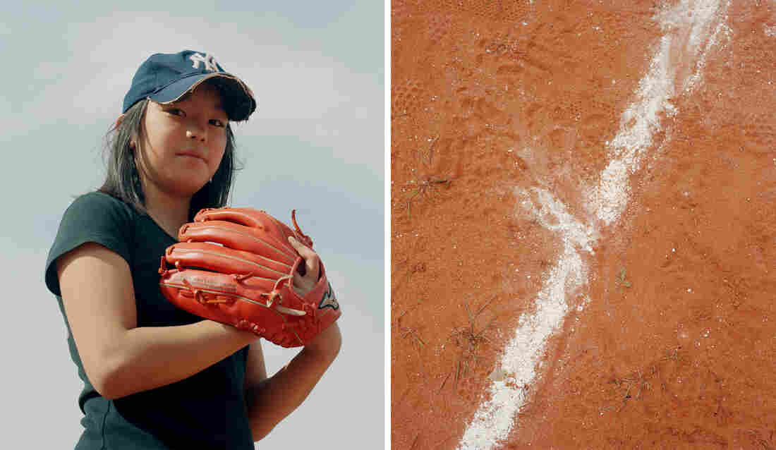 Left: A child wears a baseball cap and glove. Right: The chalk line on a baseball diamond is smudged.