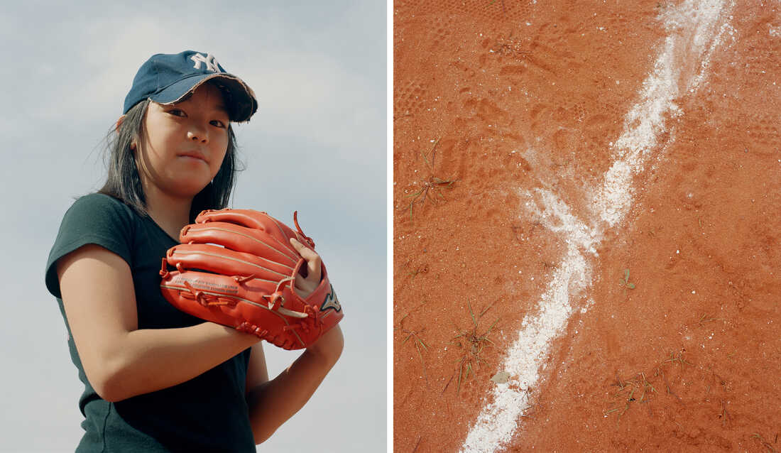 Left: A child wears a baseball cap and glove. Right: The chalk line on a baseball diamond is smudged.