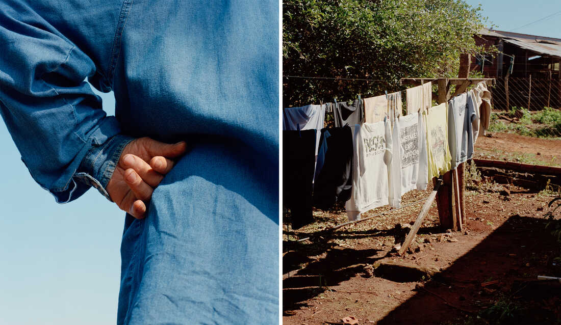 Left: A hand is placed on a hip of a person wearing all blue standing against a blue background. Right: Laundry hangs on a clothesline.