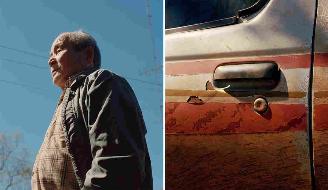 Left: A portrait of an older man. Right: A detail of an older car door covered in red dirt.