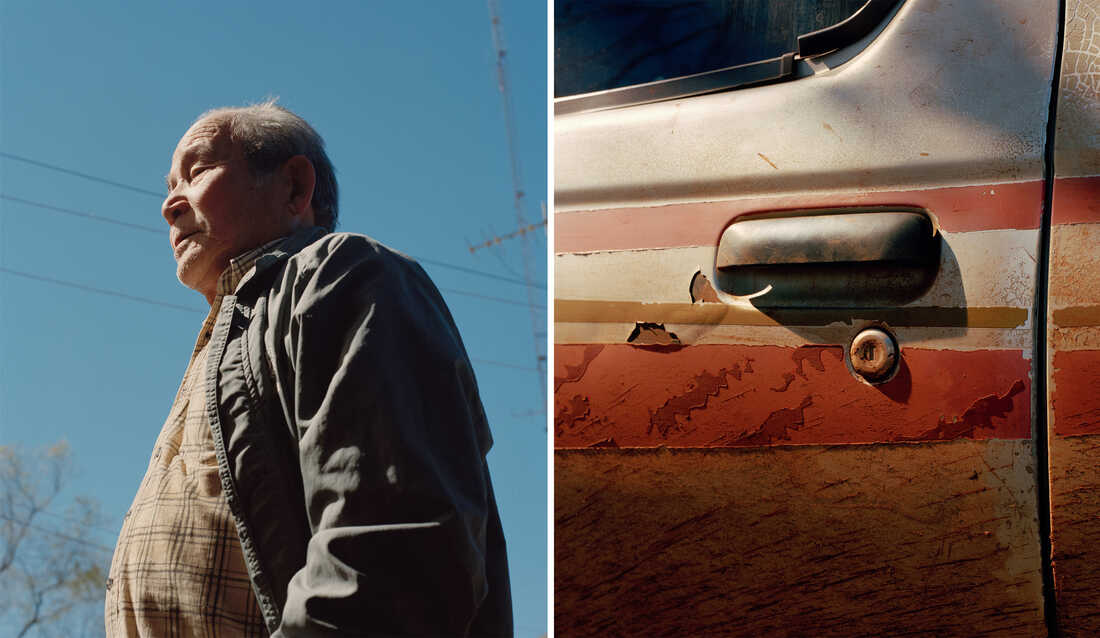 Left: A portrait of an older man. Right: A detail of an older car door covered in red dirt.