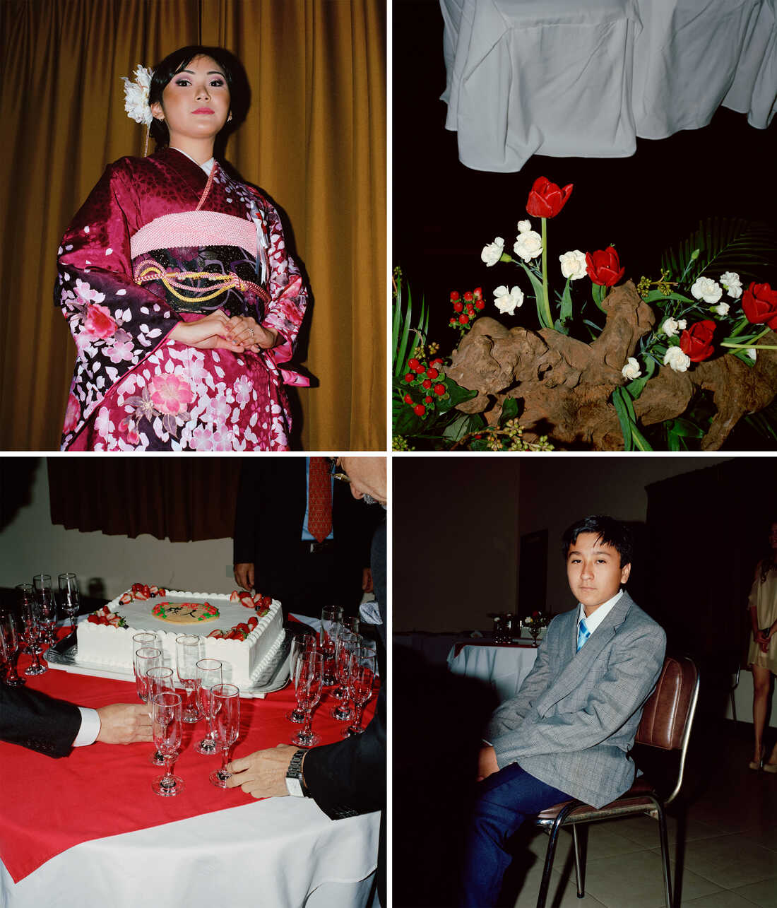 Clockwise from top left: A woman wears a pink kimono. Red and white flowers are an ikebana arrangement. A teenage boy sits at a formal party. Men gather champagne flutes next to a white cake.