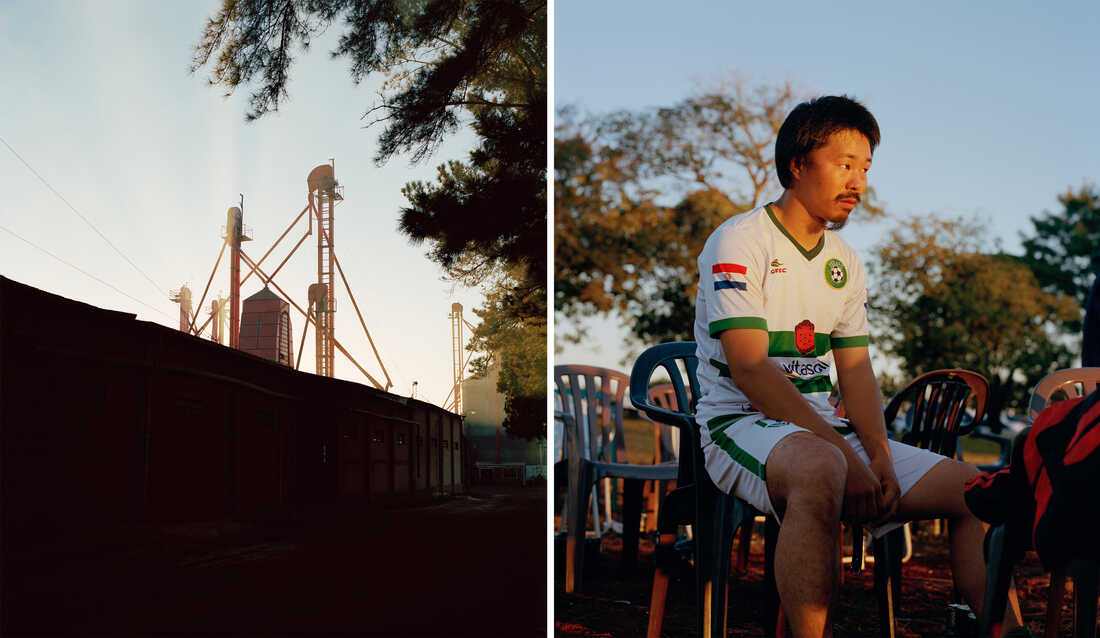 Left: Silos are seen behind a wall. Right: A man wearing a soccer jersey sits in a plastic chair as the sunsets.
