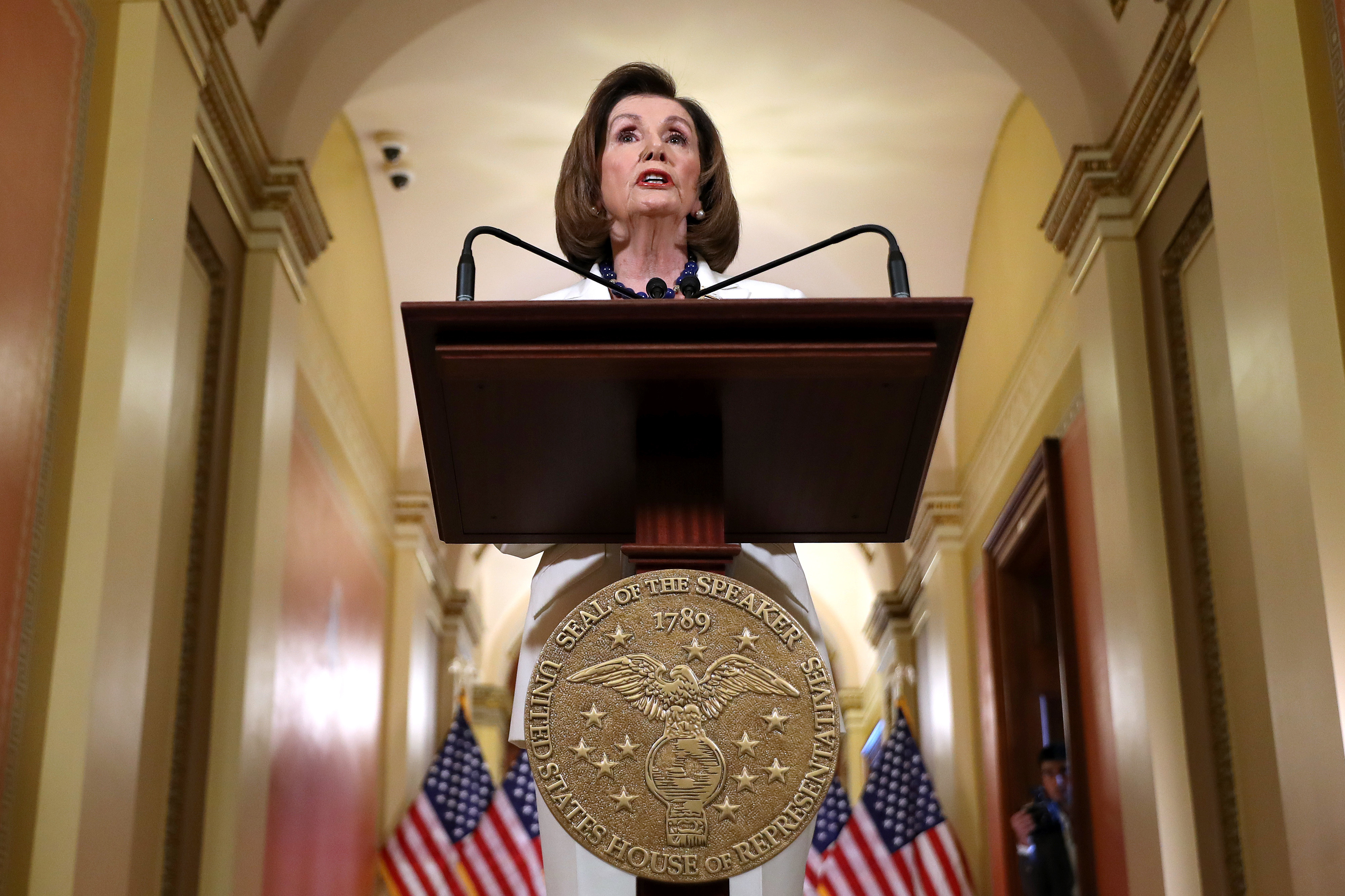 House Speaker Nancy Pelosi, D-Calif., announced at the Capitol on Thursday that the House is drafting articles of impeachment against President Trump. (Getty Images)