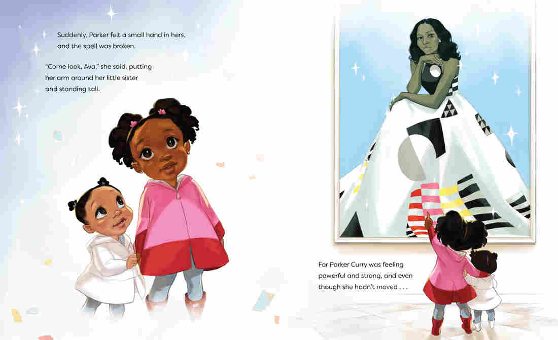 An illustration of two girls looking up at a portrait of Michelle Obama from the children's book Parker Looks Up.