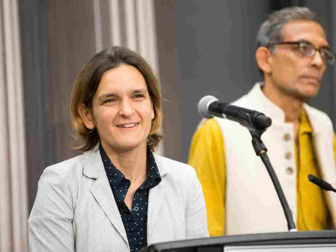 CAMBRIDGE, MA - OCTOBER 14: Esther Duflo and Abhijit Banerjee, who share a 2019 Nobel Prize in Economics with Michael Kremer, answer questions during a press conference at Massachusetts Institute of Technology.