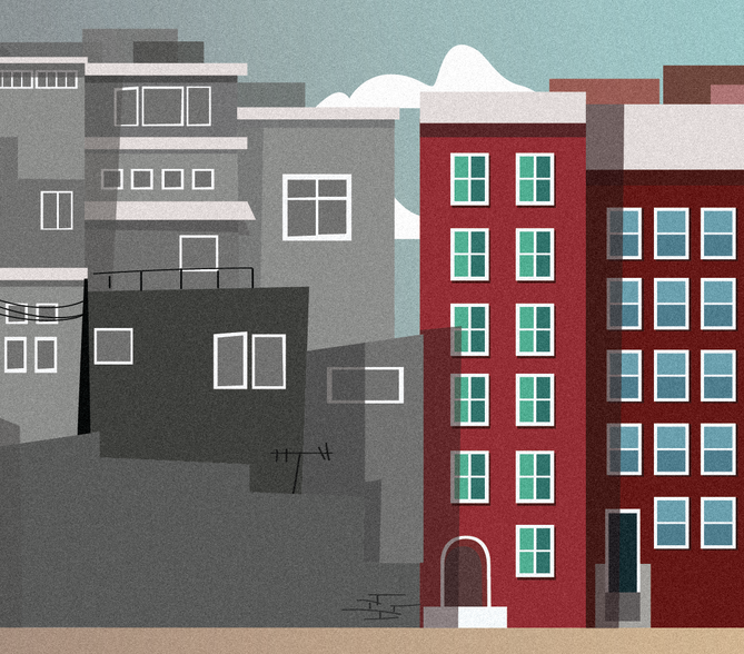 Two blocks of the same city; one is vibrant and colorful. The other is gray and decaying.
