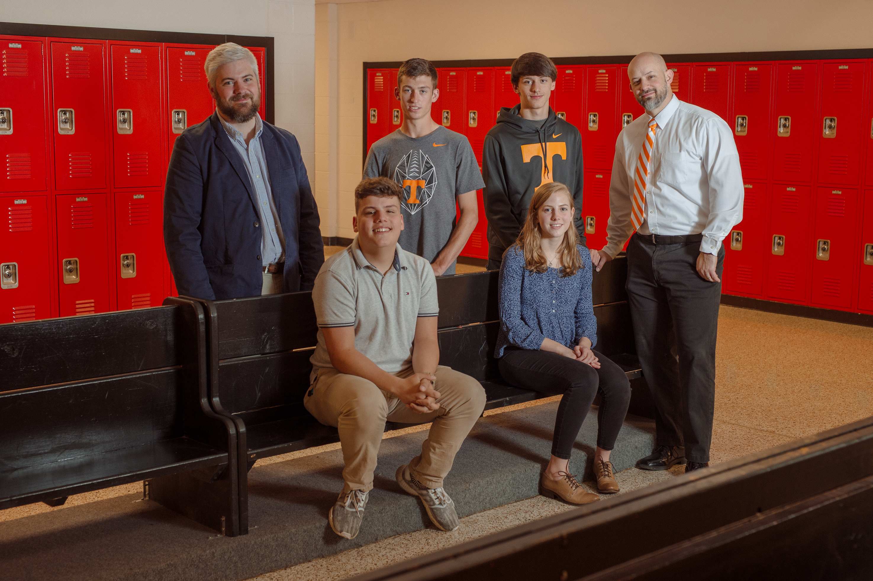 From left, the team of teacher Tim Wasem; students Caleb Miller, Jaxton Holly, John Gouge and Deanna Hull; and teacher Alex Campbell won the NPR Student Podcast Challenge. (Mike Belleme for NPR)