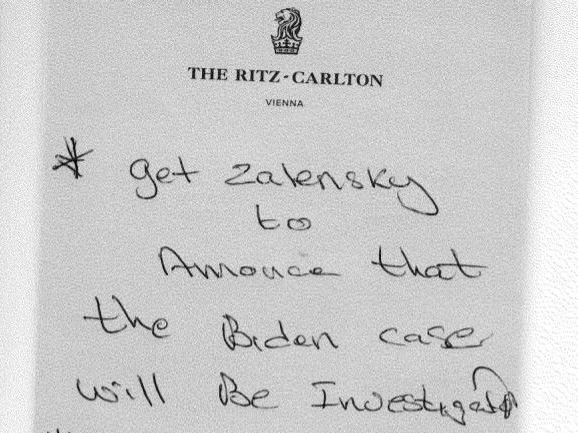 A handwritten note by Rudy Giuliani associate Lev Parnas lists his tasks, starting with getting Ukraine's new president to announce an investigation into &quot;the Biden case.&quot; (Screenshot by NPR)