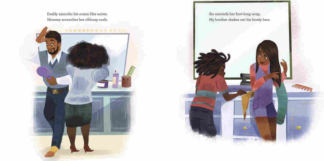 An illustration from Bedtime Bonnet shows members of a family doing their hair in the morning.