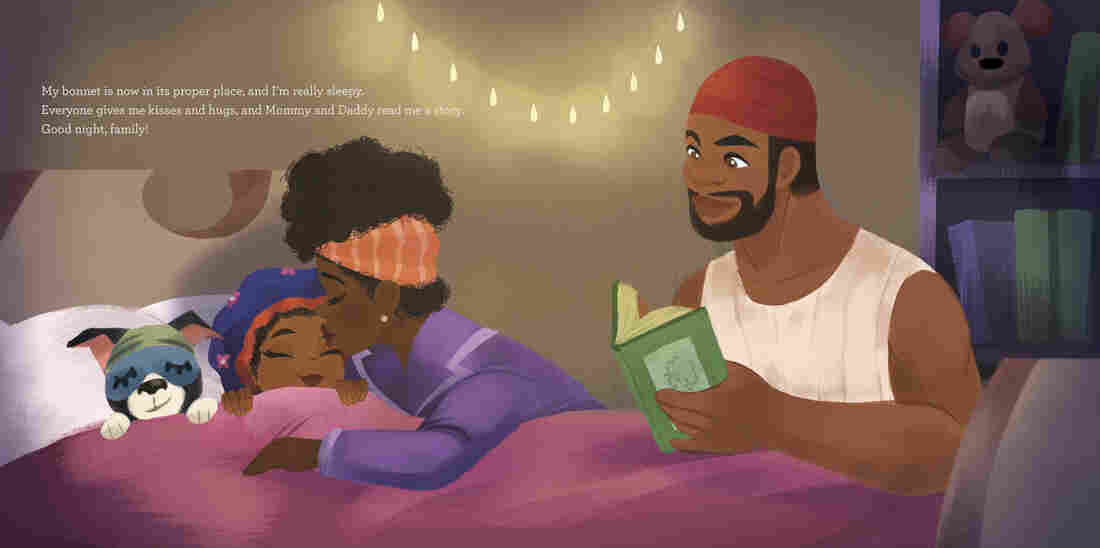 An illustration from Bedtime Bonnet shows a mother and father tucking their daughter in for bed.