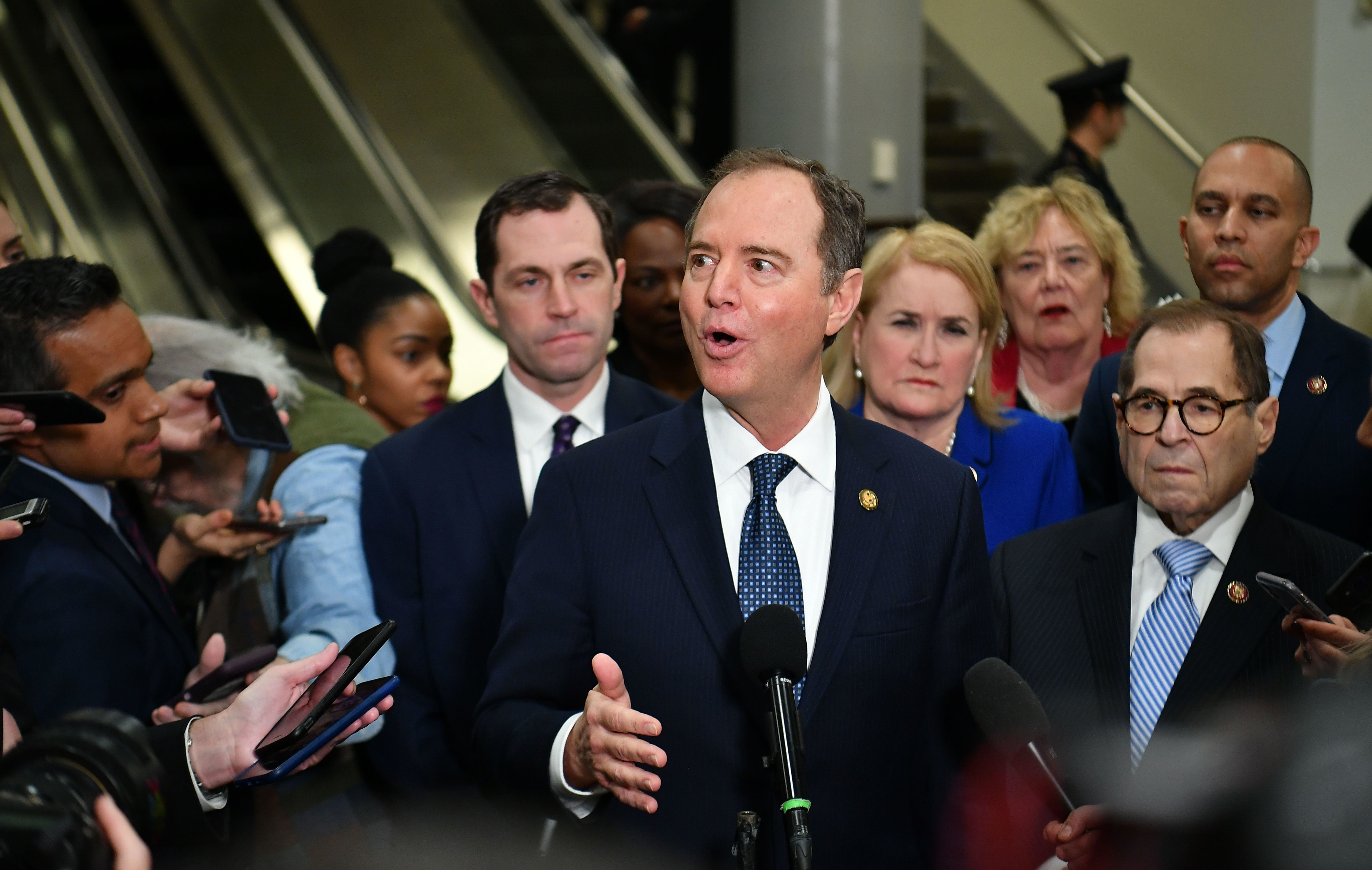 Lead House manager Adam Schiff speaks to the press at the U.S. Capitol on Wednesday ahead of the second day of President Trump's impeachment trial. (AFP via Getty Images)