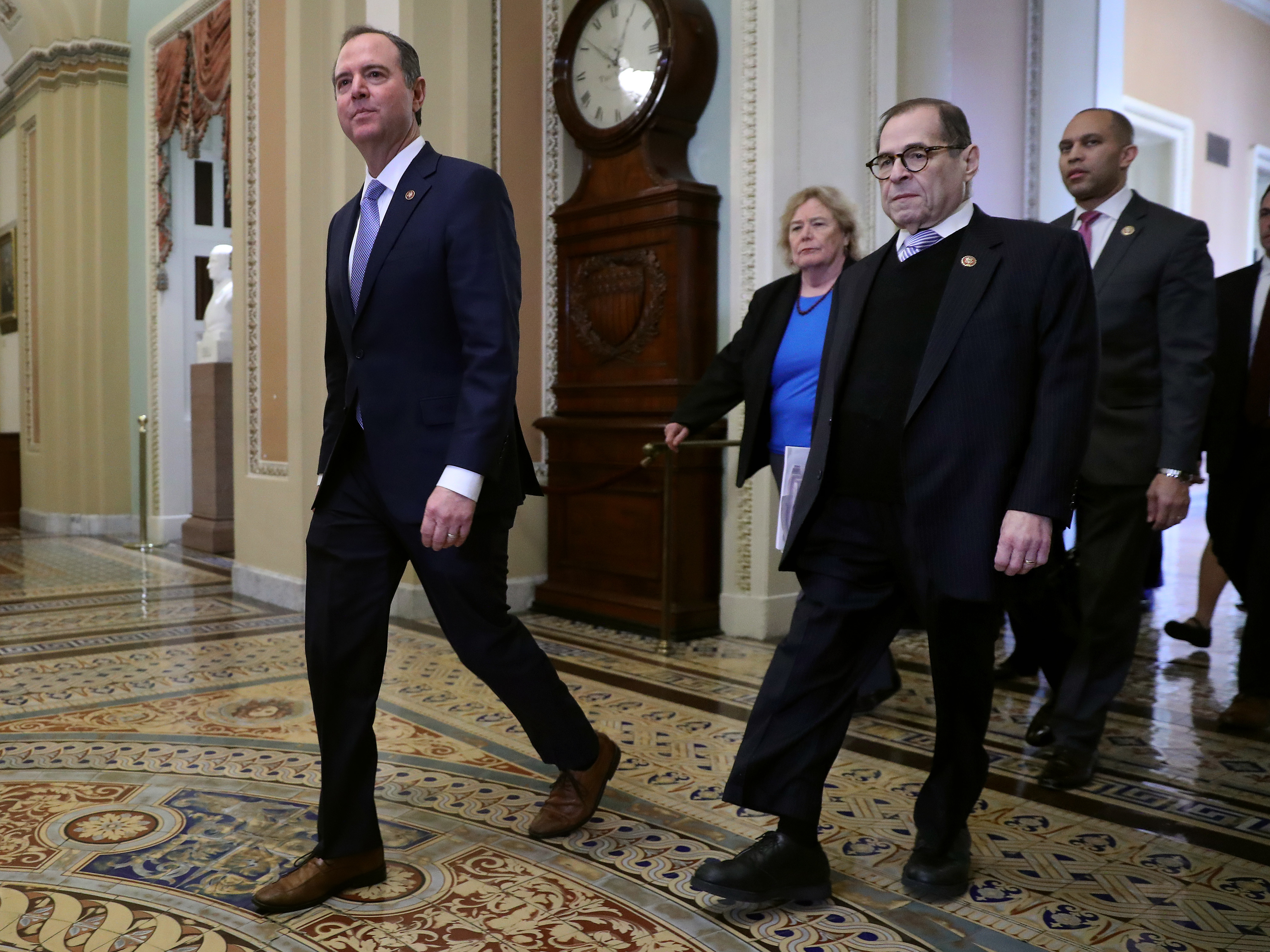 Impeachment managers (from left) Reps. Adam Schiff, Zoe Lofgren, Jerry Nadler and Hakeem Jeffries head toward the Senate chamber for the start of President Trump's impeachment trial Wednesday. (Getty Images)