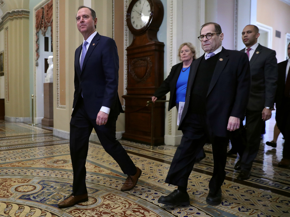 Impeachment managers (from left) Reps. Adam Schiff, Zoe Lofgren, Jerry Nadler and Hakeem Jeffries head toward the Senate chamber for the start of President Trump's impeachment trial Wednesday. (Chip Somodevilla/Getty Images)