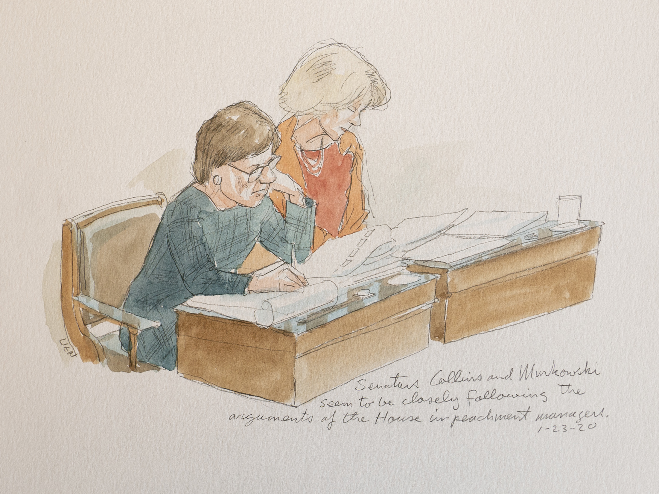 A sketch of Sens. Susan Collins of Maine and Lisa Murkowski of Alaska during the impeachment trial of President Trump. &quot;They seem to be ... following along the arguments very closely,&quot; says sketch artist Art Lien. (NPR)