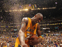 Kobe Bryant of the Los Angeles Lakers celebrates after winning over the Boston Celtics in Game Seven of the 2010 NBA Finals on June 17, 2010 at Staples Center in Los Angeles.