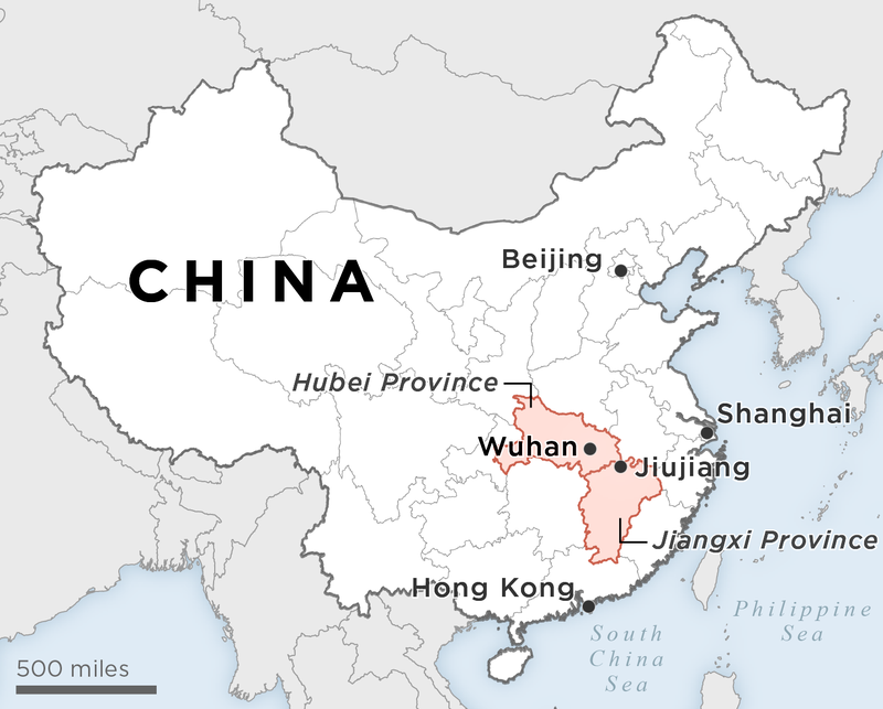 Locator map of China and Wuhan region.