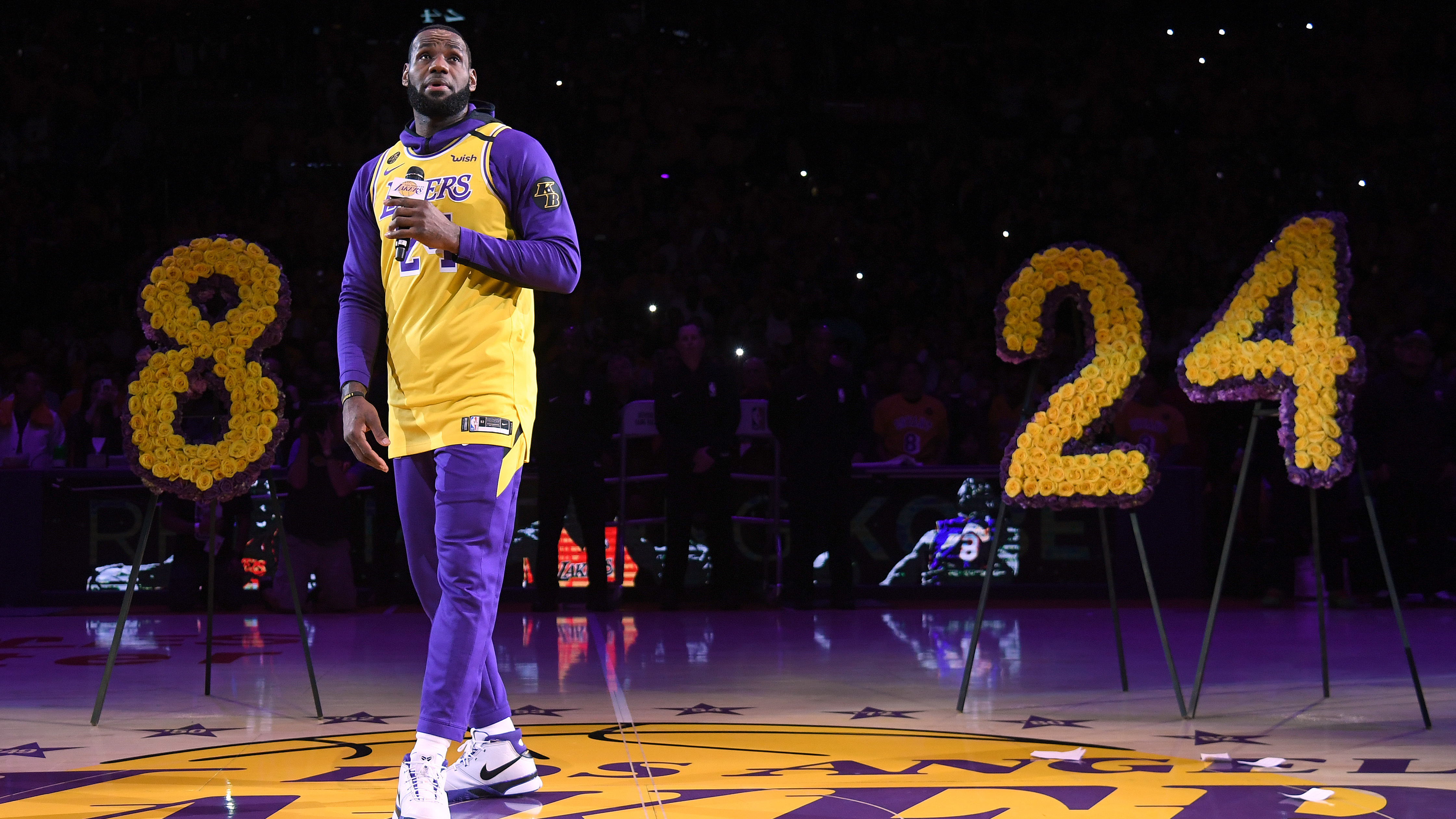 LeBron James offered a heartfelt tribute to Kobe Bryant during the Los Angeles Lakers pregame ceremony at the Staples Center Friday. (Getty Images)