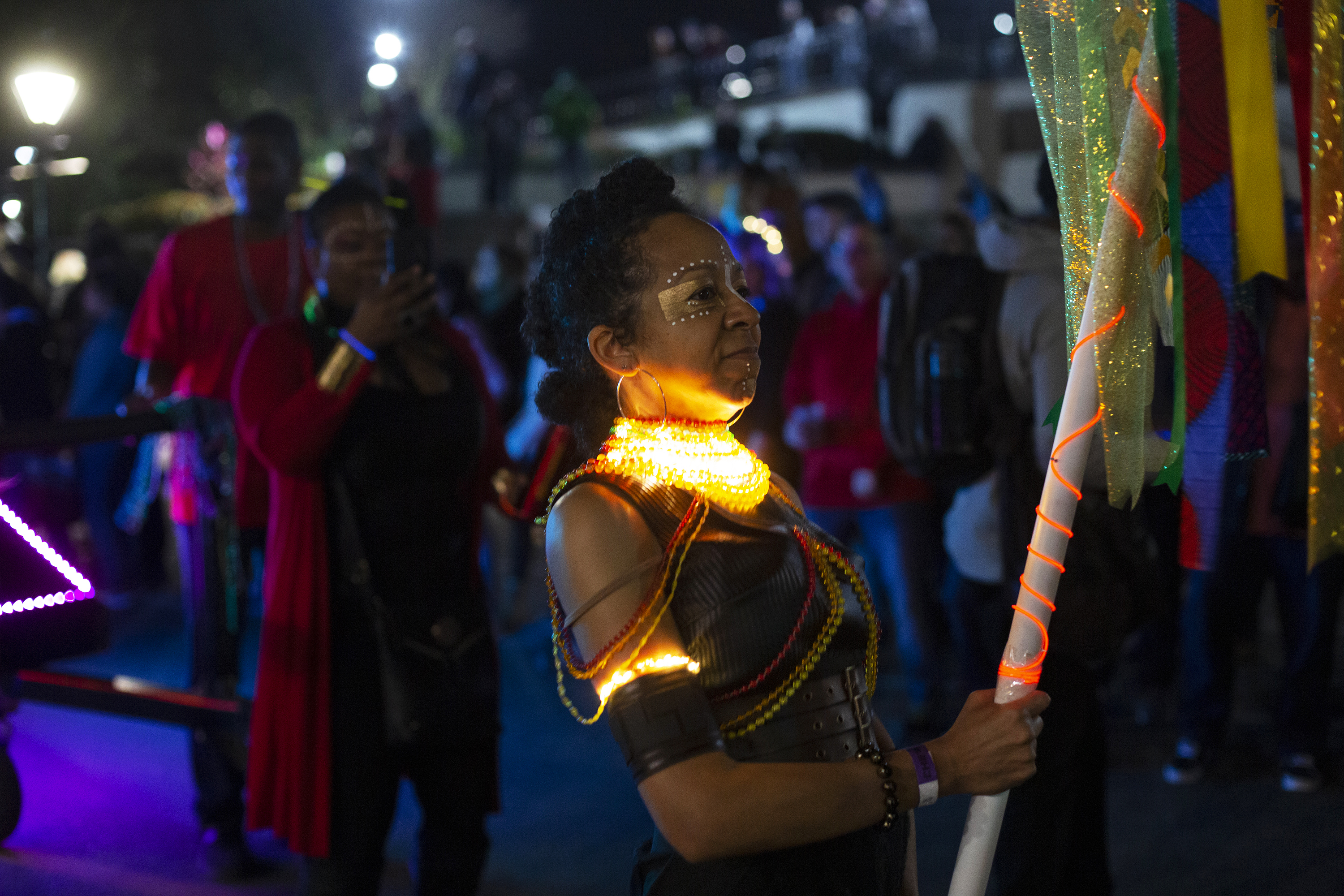The Women of Wakanda sub-krewe marches in the parade. This group is one of the newest sub-krewes and is inspired by the fierce warriors in the 2018 film Black Panther.
