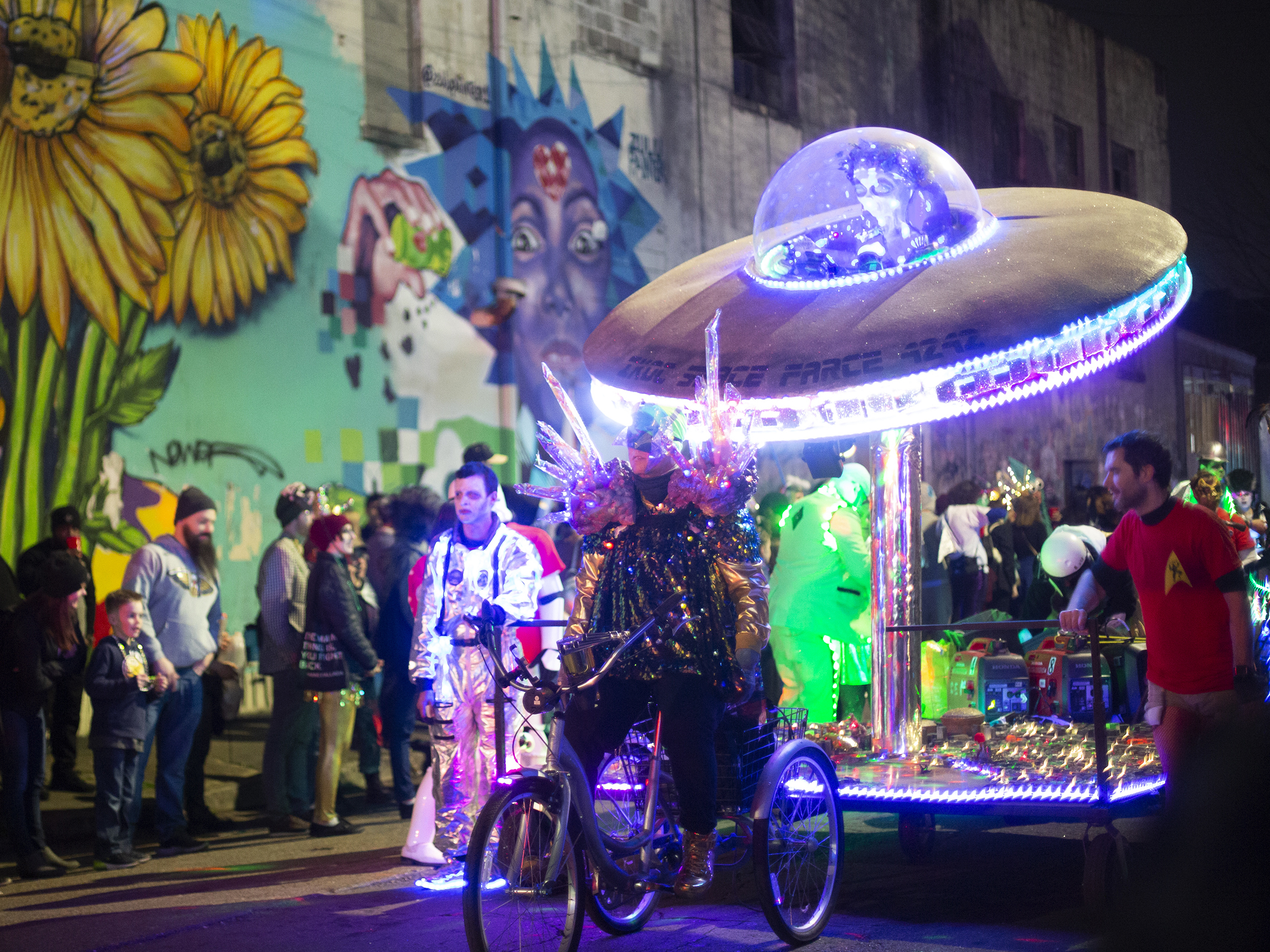 The Intergalactic Krewe of Chewbacchus's Tenth Anniversary Parade rolls through the streets of New Orleans on Saturday night. (L. Kasimu Harris for NPR)