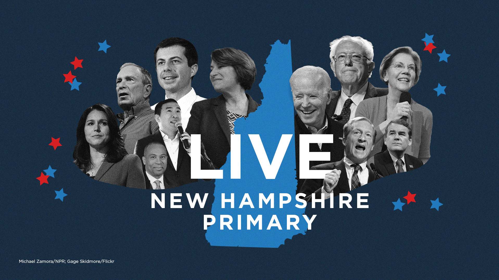 The New Hampshire 2020 primary is on Tuesday. (Michael Zamora, Caroline Amenabar/NPR; Gage Skidmore/Flickr)
