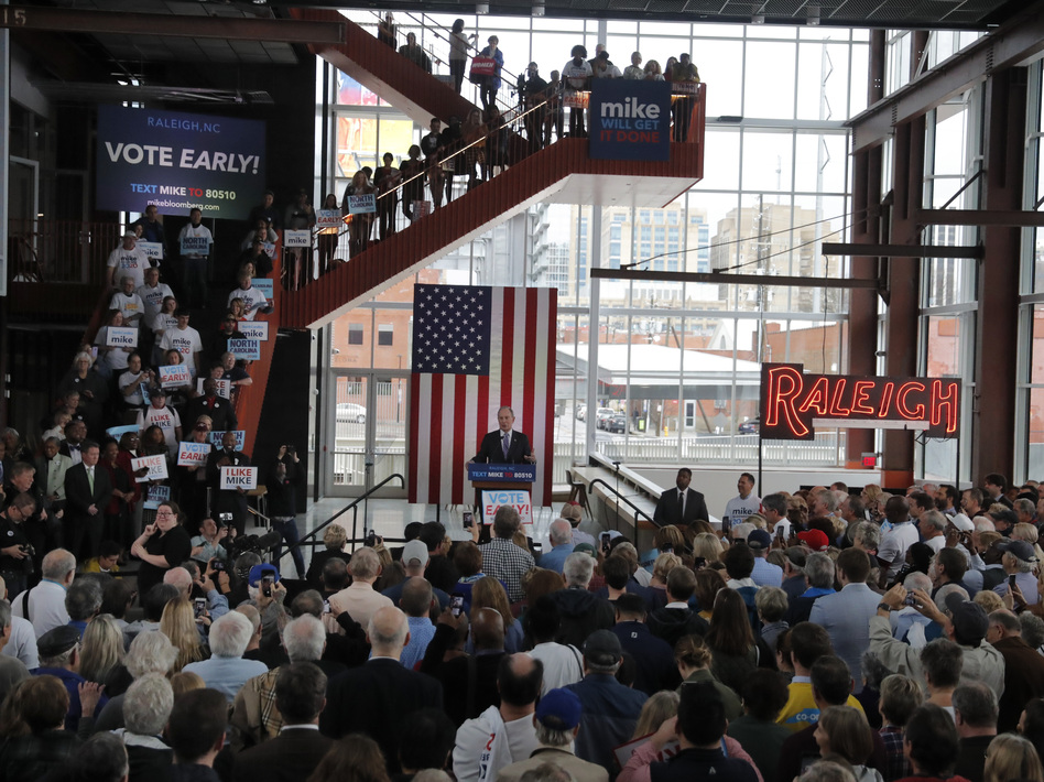 Democratic presidential candidate and former New York City Mayor Mike Bloomberg speaks at a campaign event in Raleigh, N.C., Thursday. (Gerald Herbert/AP)