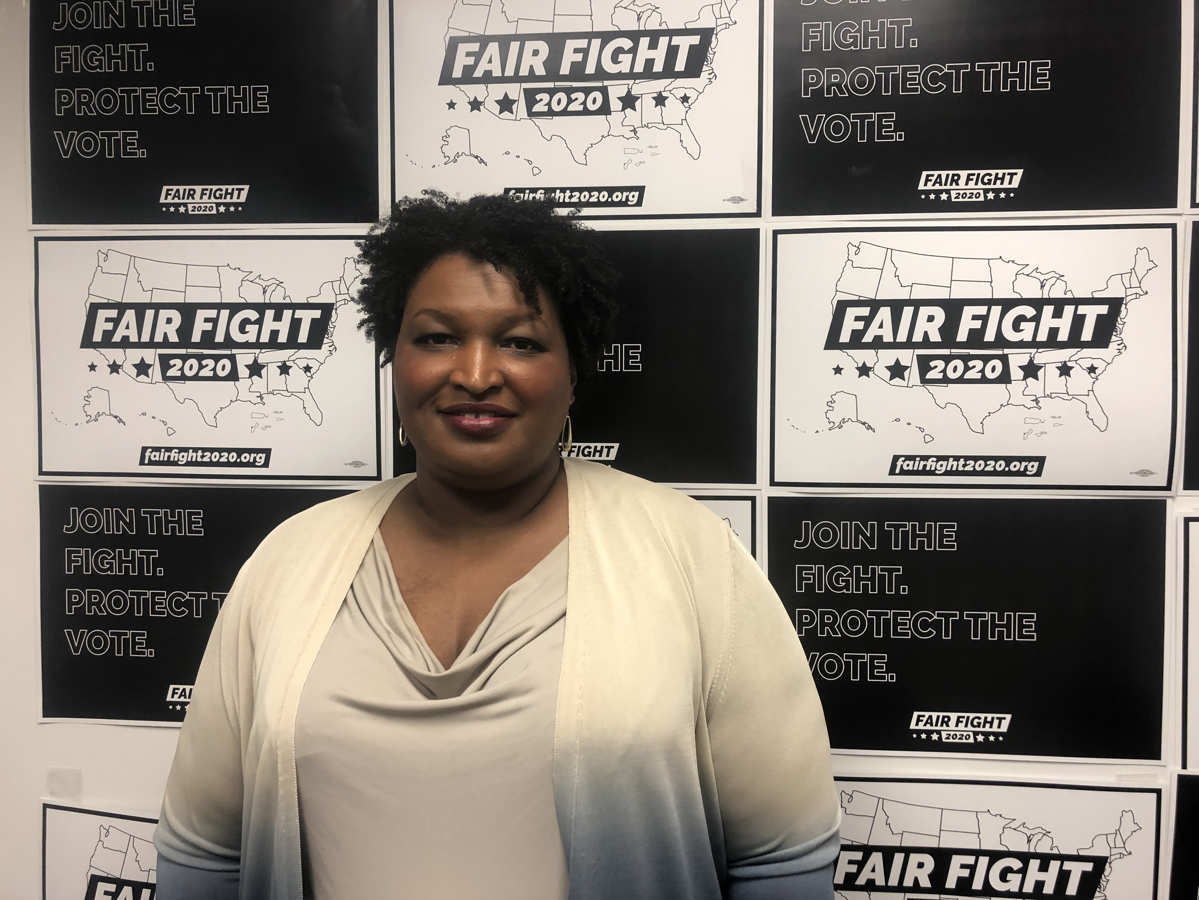 Stacey Abrams at Fair Fight's headquarters outside Atlanta. She's waging a voting rights campaign aimed at helping Democrats win in 18 battleground states. (NPR)
