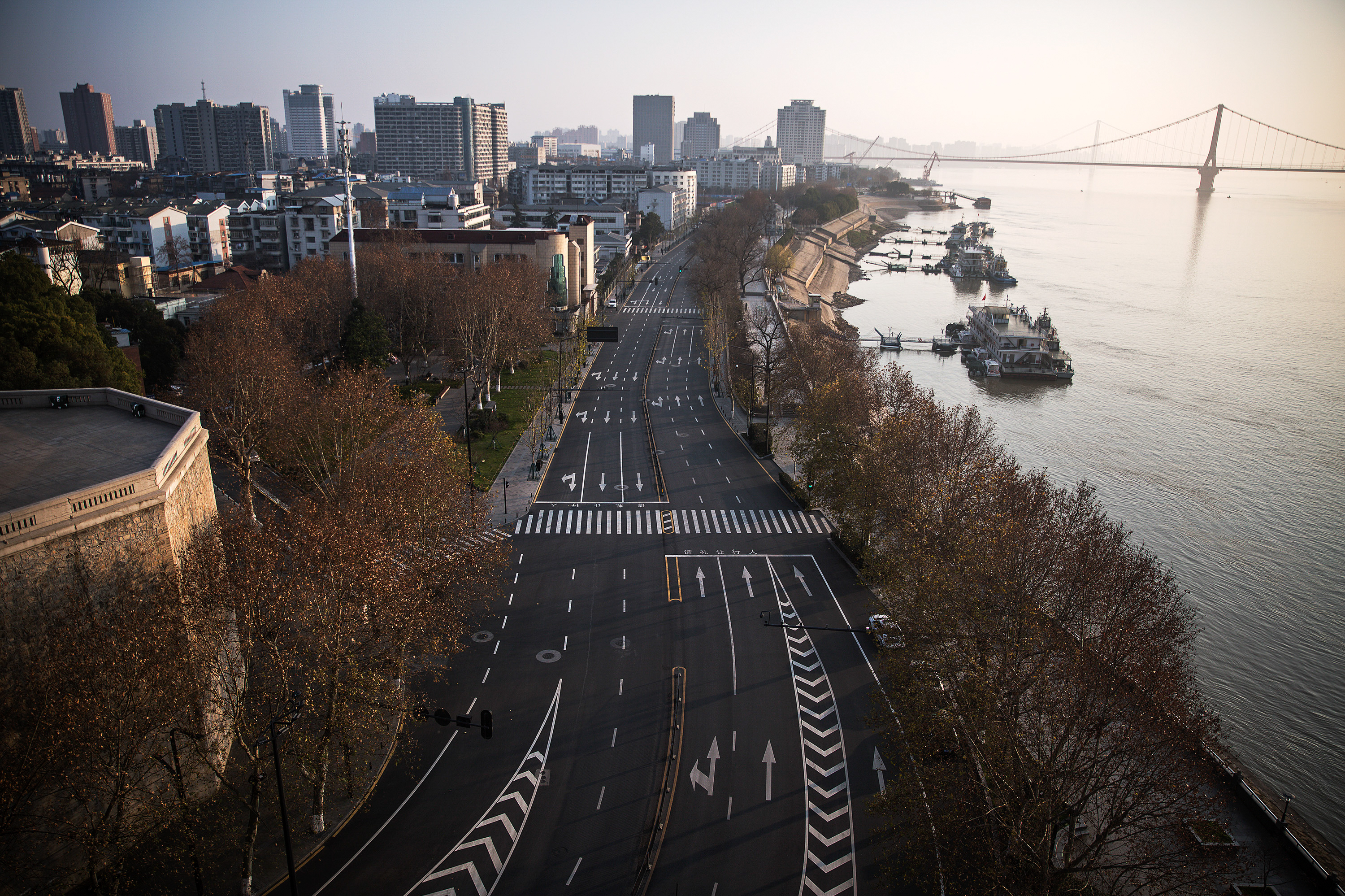 Roads are empty in Wuhan, China, the epicenter of the coronavirus outbreak, where a strict lockdown is in effect. (Stringer for NPR)